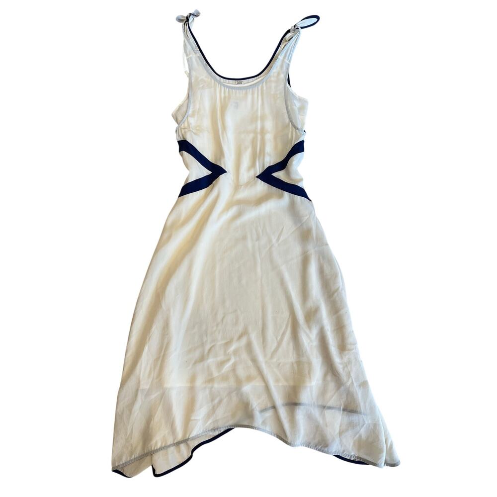 QSW Quiksilver 100% Silk Dress XS Ivory Navy Asymmetrical Midi 2012